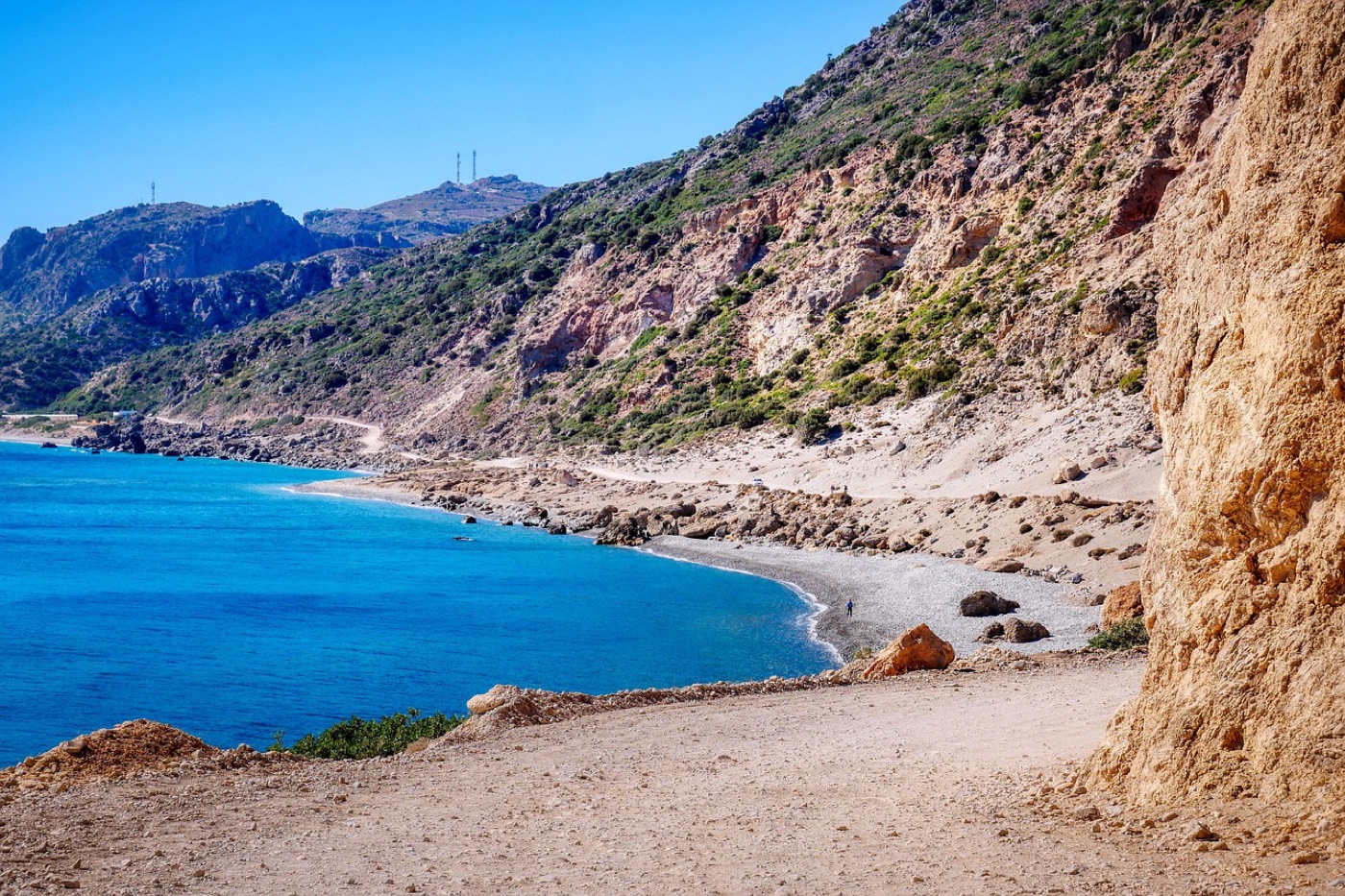 A beach and coast road in western Crete