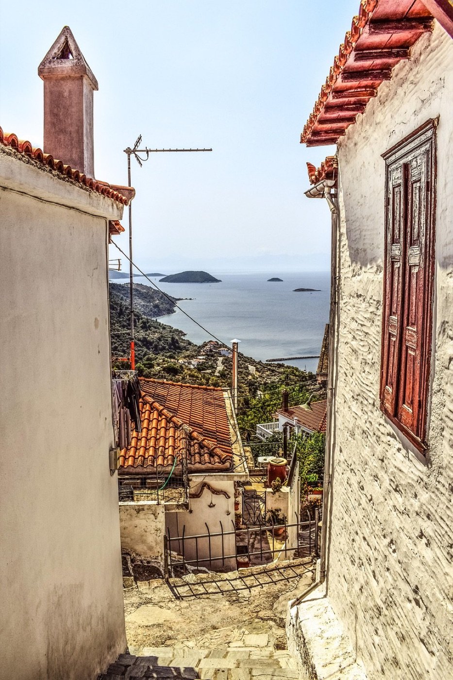 A Greek island village looking down to the sea