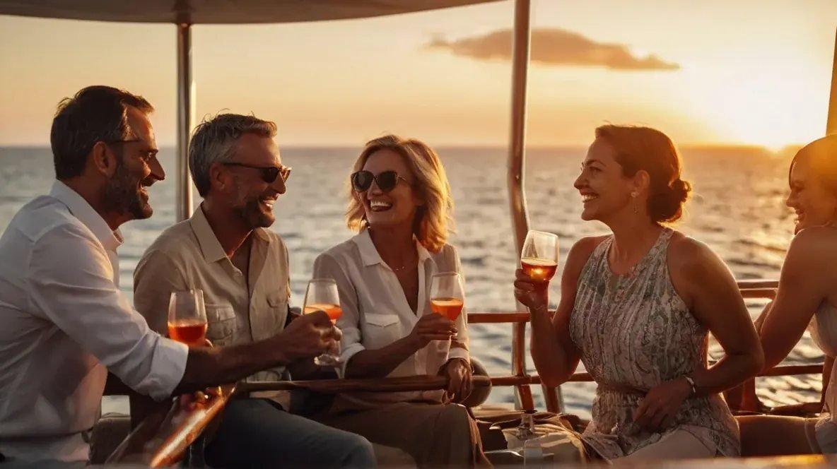 Guests toasting drinks at sunset on the boat