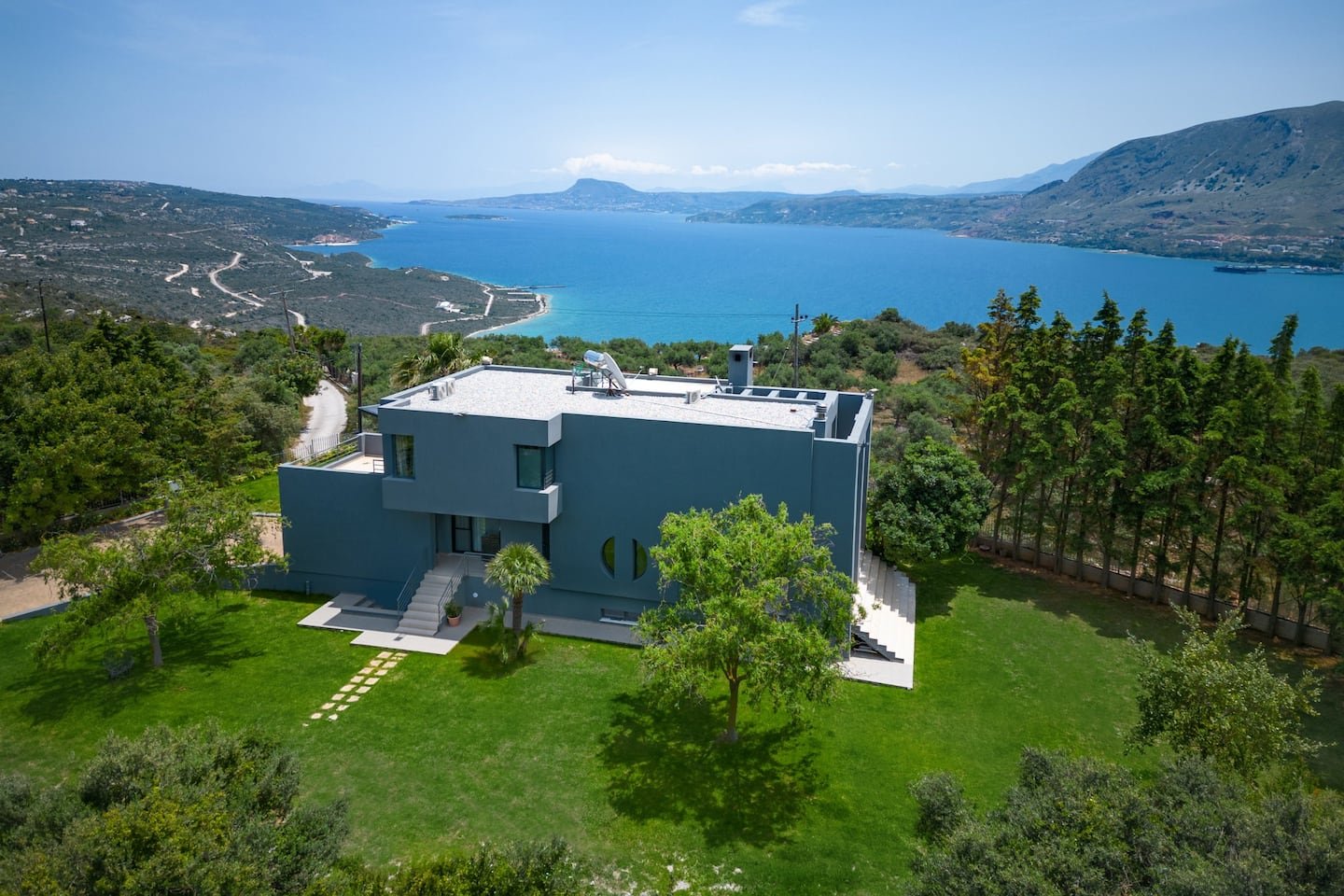 SeaSilia Villa from the air, above the bay of Chania